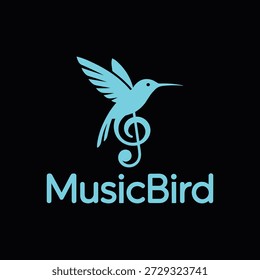 A stylized teal hummingbird in flight forms the MusicBird logo on a black background, incorporating a treble clef and the brand name in modern font.