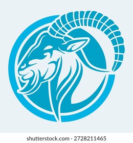 Um perfil estilizado de cabeça de cabra ou íbex da montanha de marreco com chifres curvos proeminentes e uma barba, fechado dentro de um quadro circular. Este poderoso gráfico animal é perfeito para mascotes esportivos, marcas de aventura ao ar livre ou projetos com temas de zodíaco.