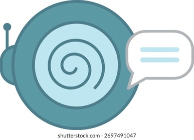A stylized teal robot with a spiral pattern on its body and a speech bubble, isolated on a clean white background. This graphic represents communication and technology.
