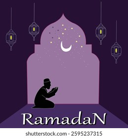 A stylized, teal-colored silhouette of a mosque on a deep purple background.
