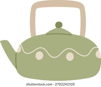 Um bule estilizado com um bico curvo e padrões geométricos em um estilo retrô. A chaleira possui um corpo redondo e uma alça quadrada com elementos decorativos. Ilustração de vetor de desenhos animados.