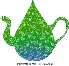 Stylized teapot with herbs and flowers. Vector illustration
