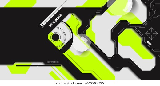 Stylized tech vector with neon yellow paths, error zone, and modular circuit fragments on bright and black interface layers. Concept of abstract data art, cyberpunk synth wave art