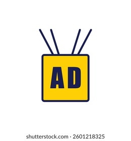 Stylized television icon in yellow and blue with "AD" lettering and antennae for advertisement media concepts Use for logo designs and business promotions.