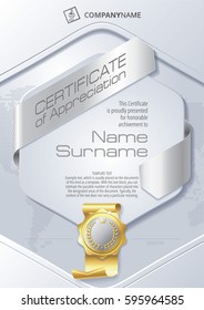 Stylized Template of Certificate of Appreciation with ribbons and golden badge, in silver