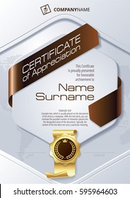 Stylized Template of Certificate of Appreciation with ribbons and golden badge, in dark brown