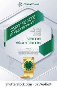 Stylized Template of Certificate of Appreciation with ribbons and golden badge, in green