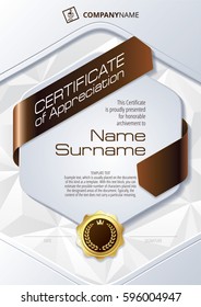 Stylized Template of Certificate of Appreciation with ribbons, triangular background and golden badge, in dark brown
