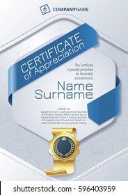 Stylized Template of Certificate of Appreciation with ribbons and golden badge, in blue
