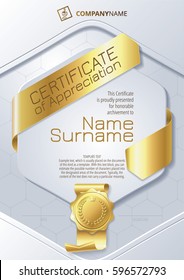 Stylized Template of Certificate of Appreciation with ribbons and golden badge, in gold