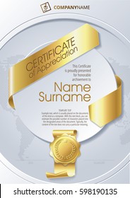Stylized Template of Certificate of Appreciation with ribbons and golden badge on round plane