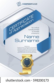 Stylized Template of Certificate of Appreciation with ribbons and golden badge, in blue