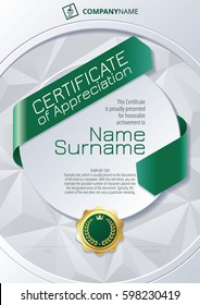 Stylized Template of Certificate of Appreciation with ribbons, golden badge on round plane and triangular background, in green