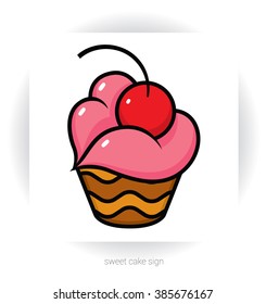 stylized template sign - chocolate cake or cupcake with cream in  shape of lips and cherry