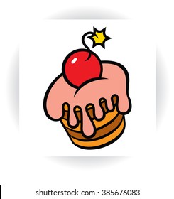 stylized template sign - piece of chocolate cake with cream or sugar glaze and cherry like bomb