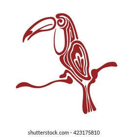 Stylized terracotta toucan icon isolated on white background. Ornamental silhouette of a toucan. Tropical bird toucan tattoo. African, indian, totem design. Vector illustration