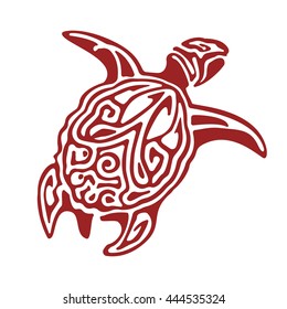 Stylized terracotta turtle icon isolated on white background. Ornamental silhouette of a turtle for tattoo, print, template. Vector illustration