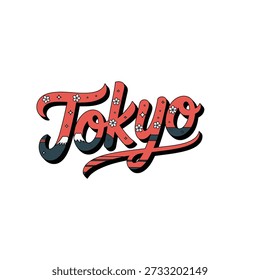 Arte estilizada de texto soletrando Tóquio com elementos decorativos e um motivo cultural japonês.