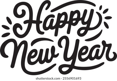 a stylized text graphic that reads "Happy New Year" in a festive, hand-drawn style.