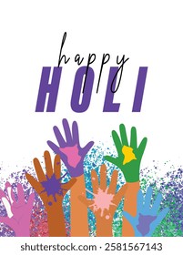 Stylized text Happy Holi  adorned with vibrant colors and playful hands in low part of template, capturing the festive spirit and celebratory mood of the holiday