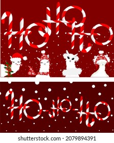 Stylized text "Ho-Ho-Ho", red background for a greeting card. A set of white llamas (alpaca) in winter hats, scarves with patterns. Letters from New Year's lollipops, snowfall. Christmas cartoon.