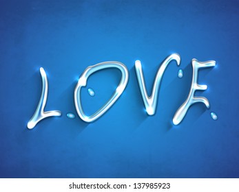 Stylized text Love on blue background.