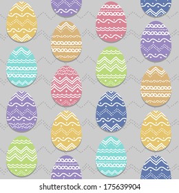 Stylized texture with hand drawn ornament on the eggs. Simple traditional background for decoration or backdrop.