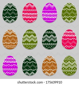 Stylized texture with hand drawn ornament on the eggs. Simple traditional background for decoration or backdrop.