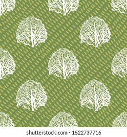 Stylized textured ink tree on drops. Vector illustration in a seamless repeat pattern background.