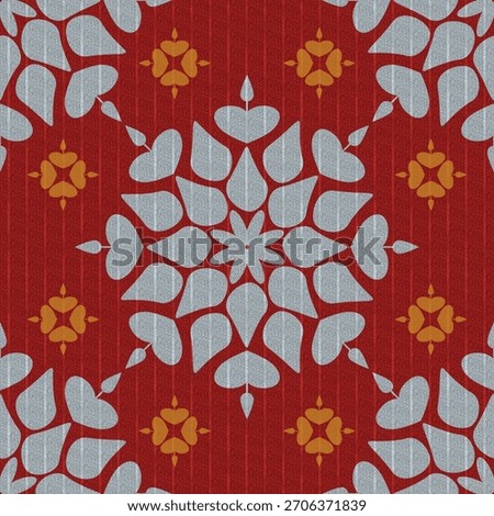 A stylized Thai floral graphic pattern on a deep red background, featuring light gray leaf and teardrop shapes arranged symmetrically, accented with gold flower motifs for an elegant and classic feel.