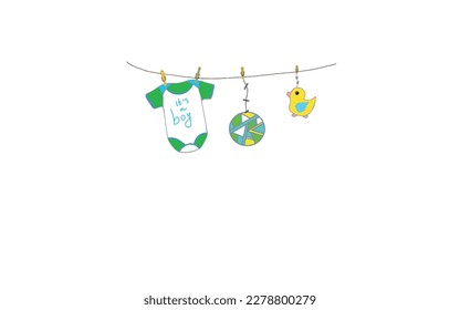 Stylized things of a newborn boy. Things newborn vector drawing. This is a boy. Postcard for a newborn. Bodysuit for a boy, ball and duck toy.