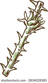 Stylized thorny rose stem with small green bud