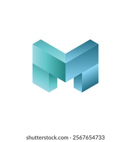 A stylized, three dimensional letter 'M' in shades of blue and teal, creating a modern and geometric design