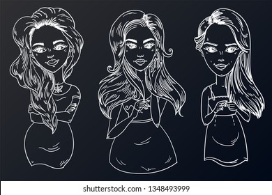 Stylized three young girls black and white sketch. Template for advertising. Store staff, support group, schoolgirls. Beautiful hair styling, perfect face.