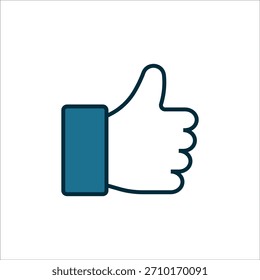 Ícone de polegar para cima estilizado com contorno azul escuro e pulso azul sólido. Ideal para aprovação, suporte ou feedback positivo em interfaces digitais.