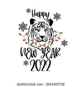 Stylized tiger with christmas lights. Happy New Year greeting card, t shirt print, poster, mug. Chinese new year. Tiger head vector illustration.