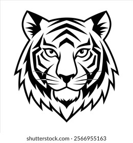 Stylized tiger face, black and white illustration, geometric patterns, tribal art style, symmetrical design, fierce feline portrait, bold lines, angular shapes, minimalist animal logo, striking contra