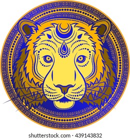 Stylized Tiger face. Hand Drawn doodle vector illustration. Sketch for tattoo or indian makhenda design.