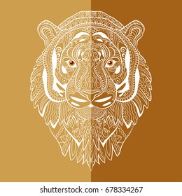 Stylized Tiger face. Hand drawn doodle animal illustration. Sketch for textile fabric print, T-shirt emblem, logo, tattoo, coloring book page. Zen art, isolated design element