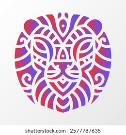 Stylized tiger face illustration enclosed in a circular design, featuring intricate tribal patterns and vibrant red-blue gradient colors.