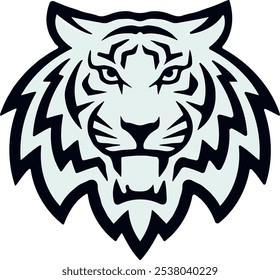 Stylized Tiger Head Emblem in Black and White, Ideal for Mascot Logos, Wildlife Branding, Tattoo Designs, Sports Teams, T-shirt Prints, and Animal-Themed Graphic Art