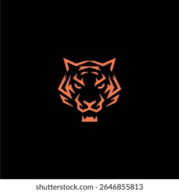 A stylized tiger head graphic in orange against a stark black background. The design is geometric.