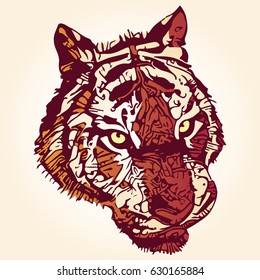 stylized tiger portrait in orange and yellow