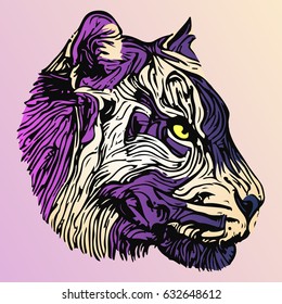 stylized tiger portrait in purple and yellow