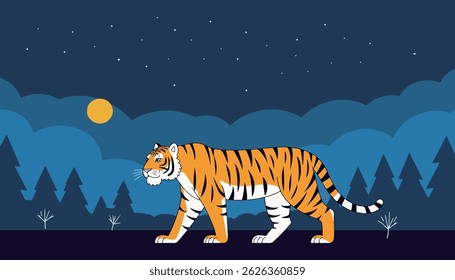 A stylized tiger walks across a dark landscape under a starry sky and full moon, with silhouetted trees in the background.
