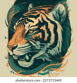 A stylized tiger's muzzle with a retro-inspired design, featuring bold lines and a vintage color palette