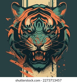 A stylized tiger's muzzle with a retro-inspired design, featuring bold lines and a vintage color palette