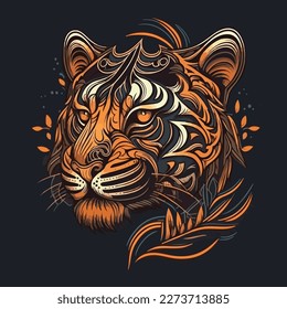 A stylized tiger's muzzle with a tribal-inspired design, featuring bold lines and intricate patterns. flat-stule vector