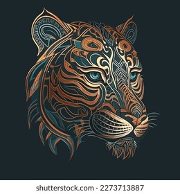 A stylized tiger's muzzle with a tribal-inspired design, featuring bold lines and intricate patterns. flat-stule vector