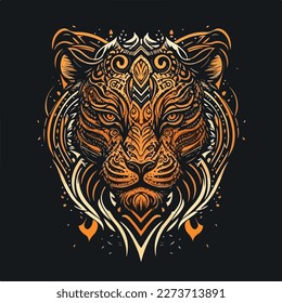 A stylized tiger's muzzle with a tribal-inspired design, featuring bold lines and intricate patterns. flat-stule vector